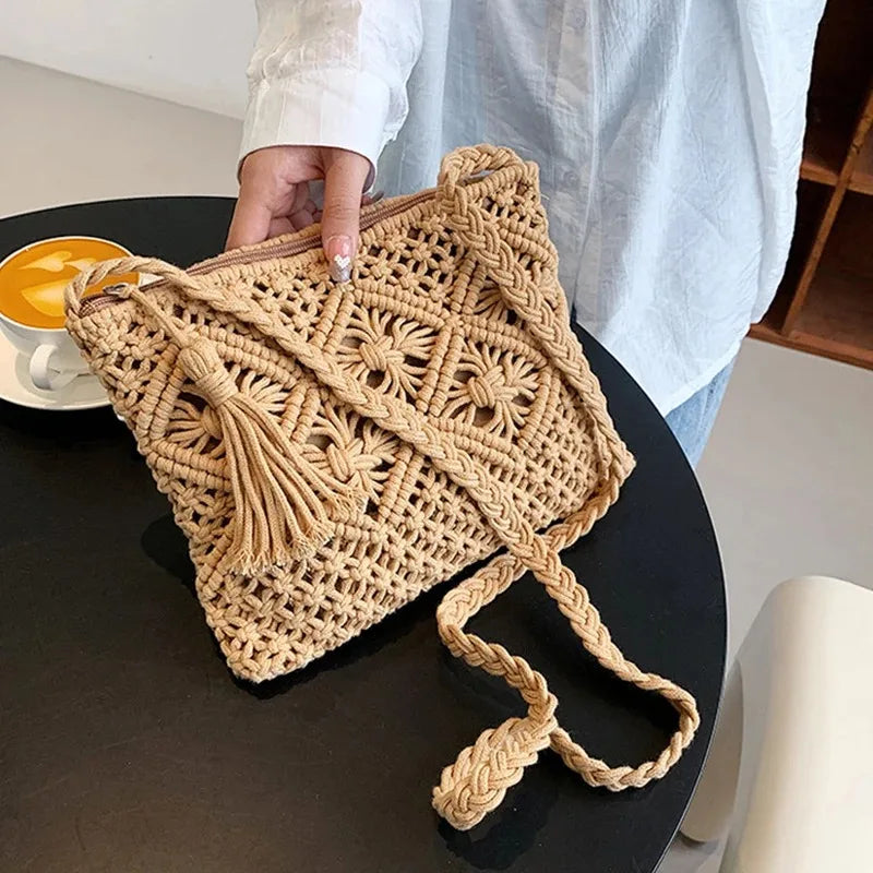 Hollow Woven Straw Shoulder Bag with Tassels