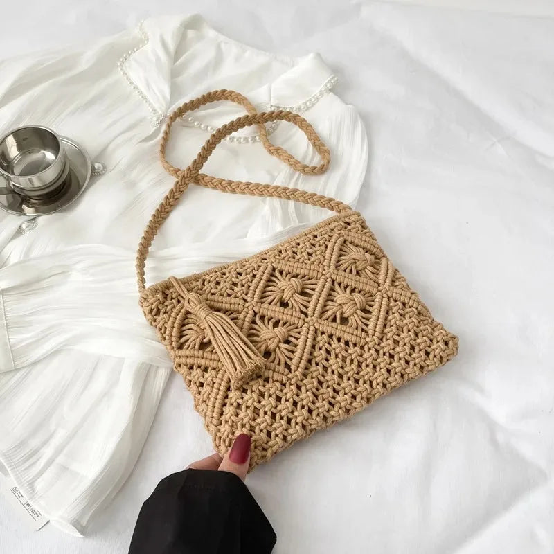 Hollow Woven Straw Shoulder Bag with Tassels