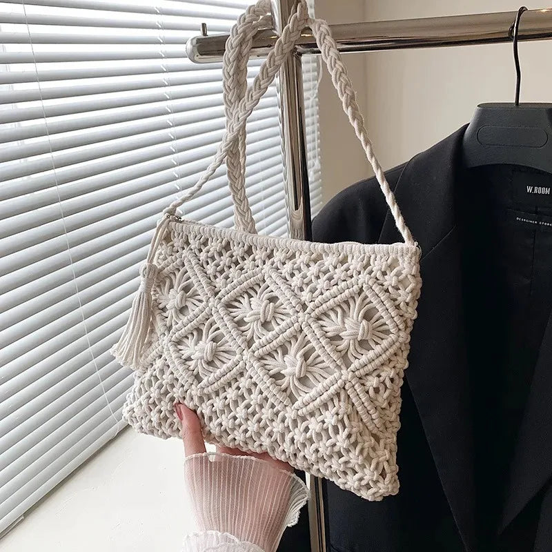 Hollow Woven Straw Shoulder Bag with Tassels