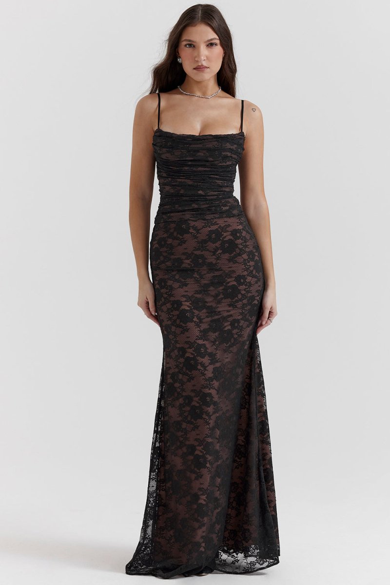 Seliora™ | Shoulder-On Floral Lace Maxi Dress